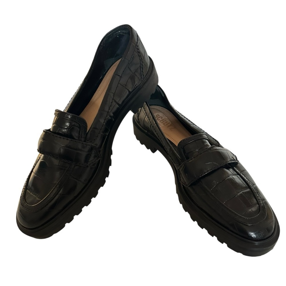 SCHUTZ Black Croc-Embossed Leather Penny Loafers - Picture 2 of 11